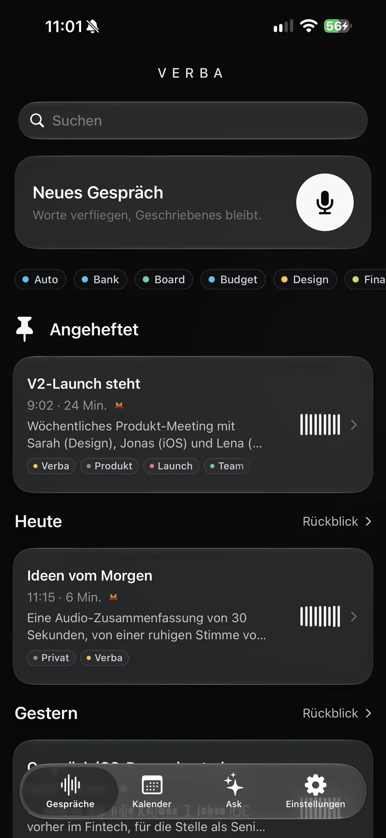 Startbildschirm von Verba auf dem iPhone: neues Gespräch, Labels und angeheftete Gespräche.
