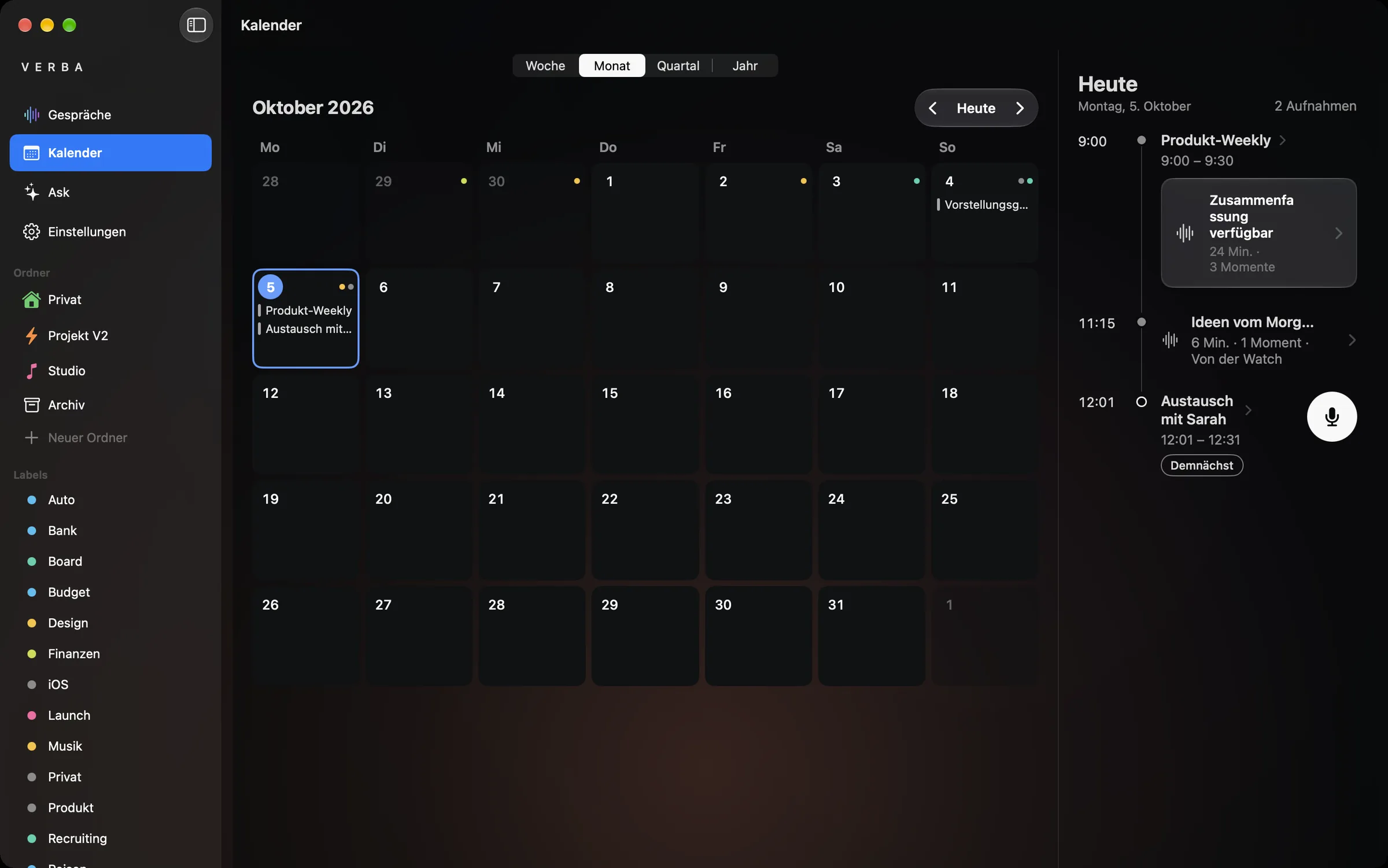 Der Kalender von Verba auf dem Mac in der Monatsansicht, mit den heutigen Meetings.