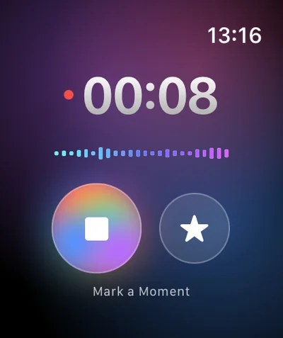 Recording in progress on Apple Watch, timer at 00:08.