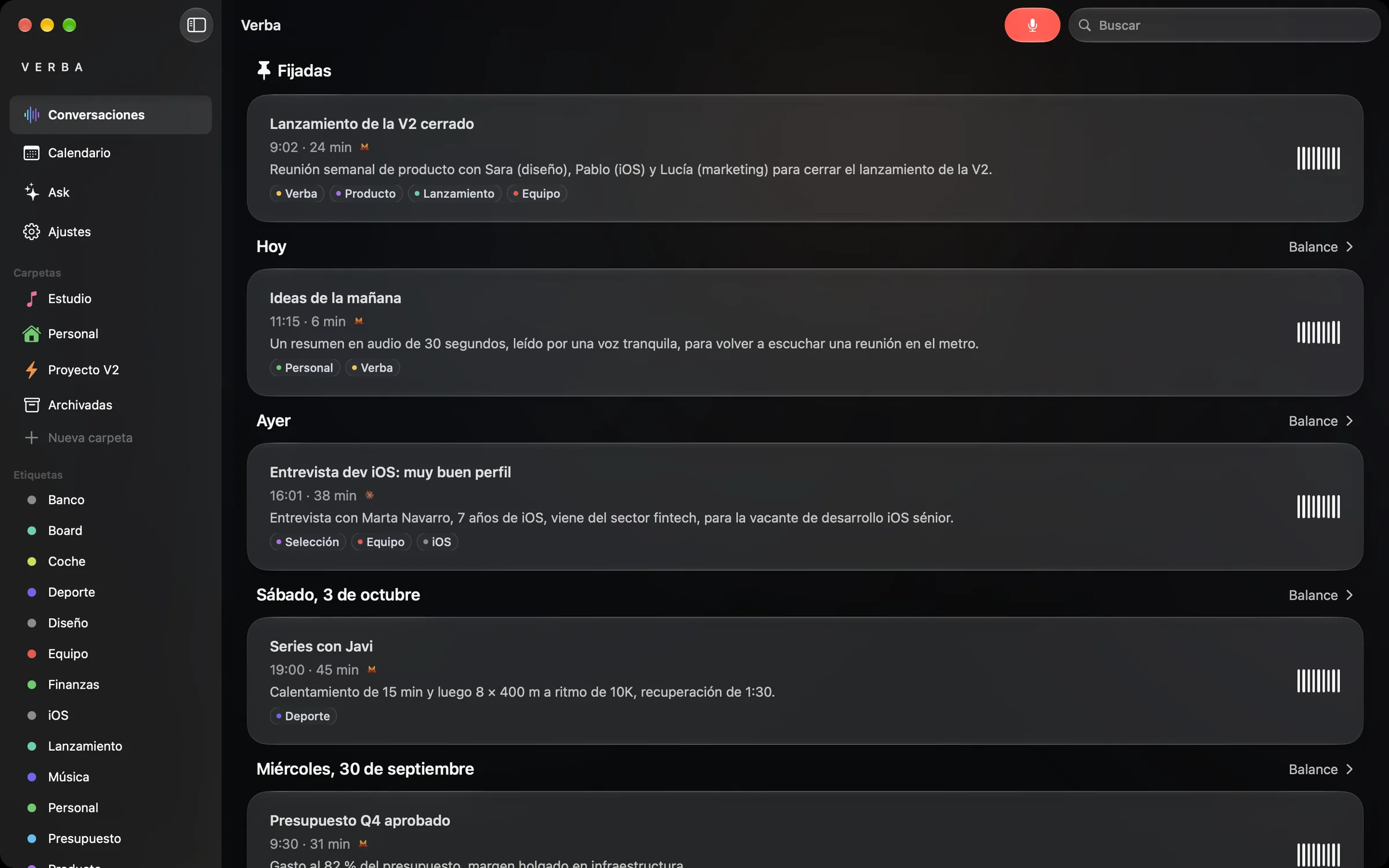Verba en Mac: barra lateral con carpetas y etiquetas, conversaciones fijadas y de hoy.