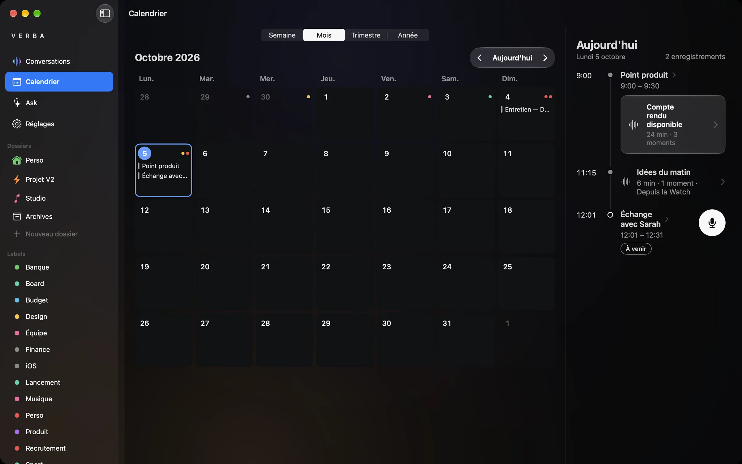 Le calendrier de Verba sur Mac, vue mois, avec les réunions du jour.
