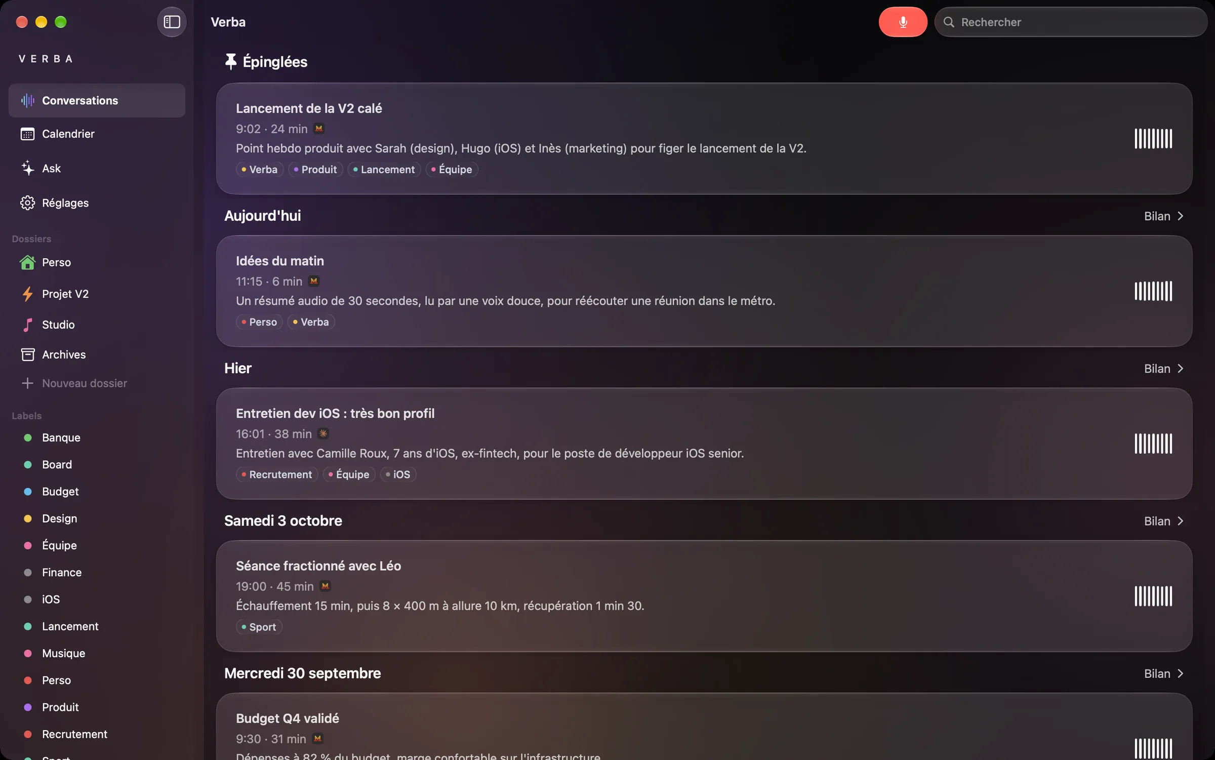 Verba sur Mac : barre latérale avec dossiers et labels, conversations épinglées et du jour.
