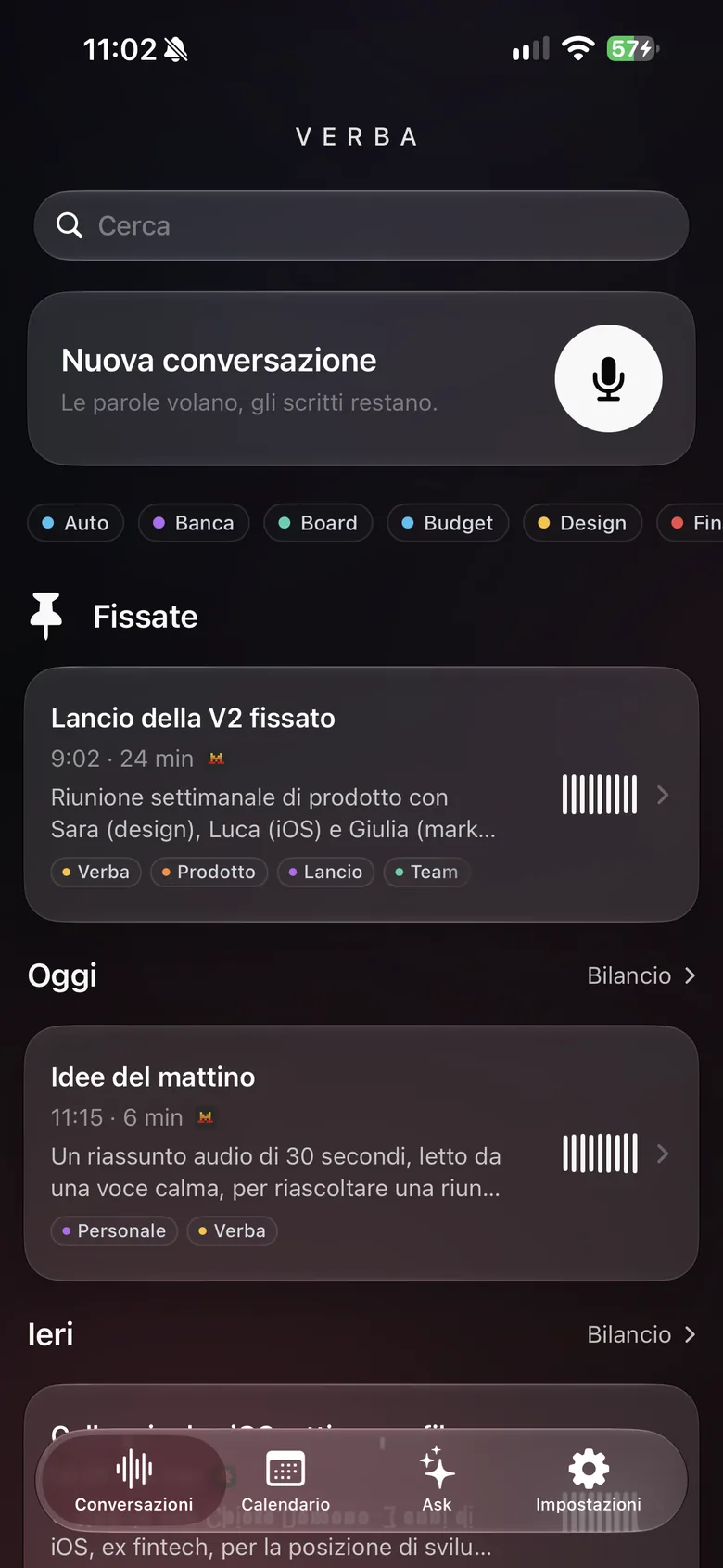 Home di Verba su iPhone: nuova conversazione, etichette e conversazioni fissate.