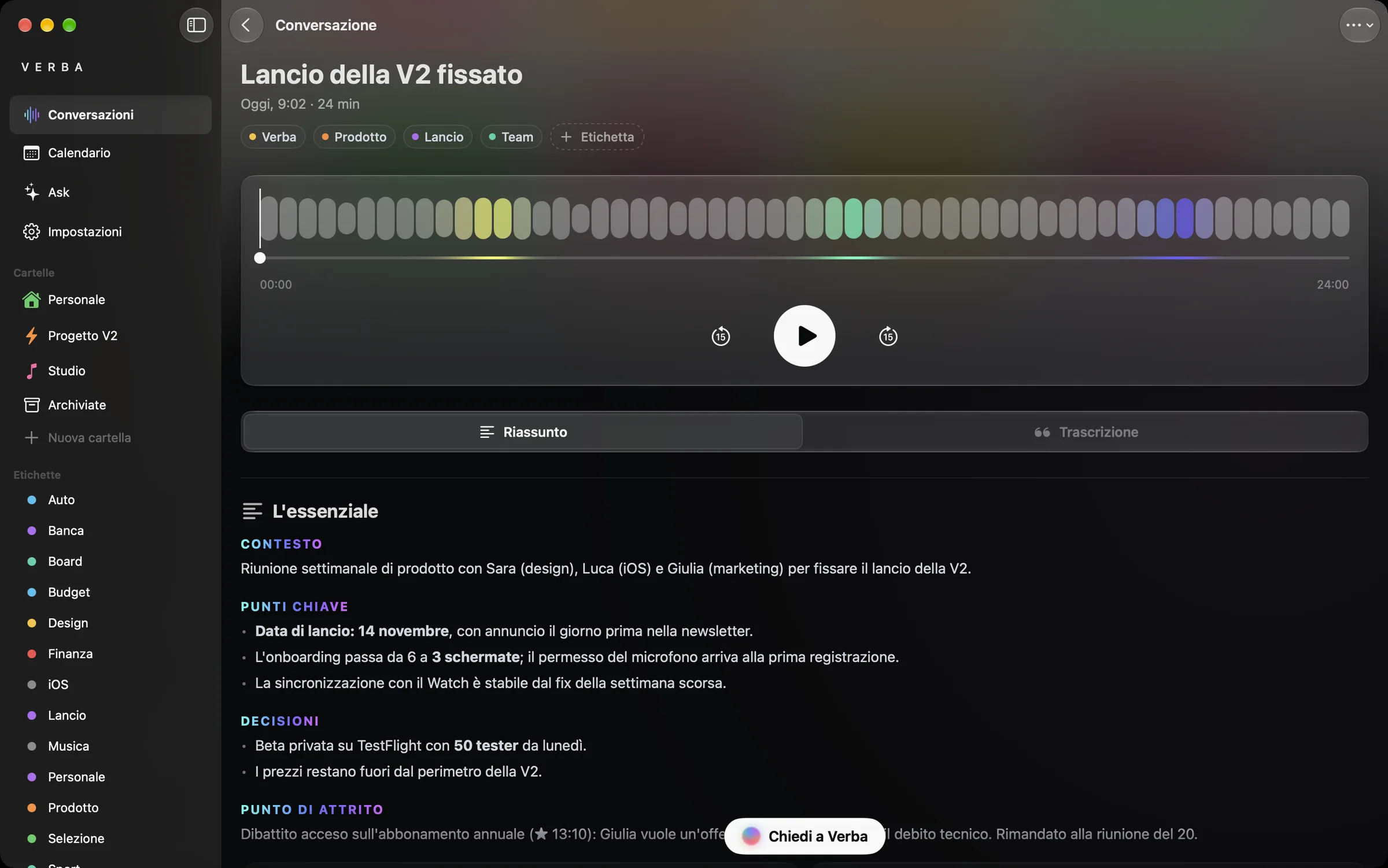 Una conversazione su Mac: lettore audio e resoconto.