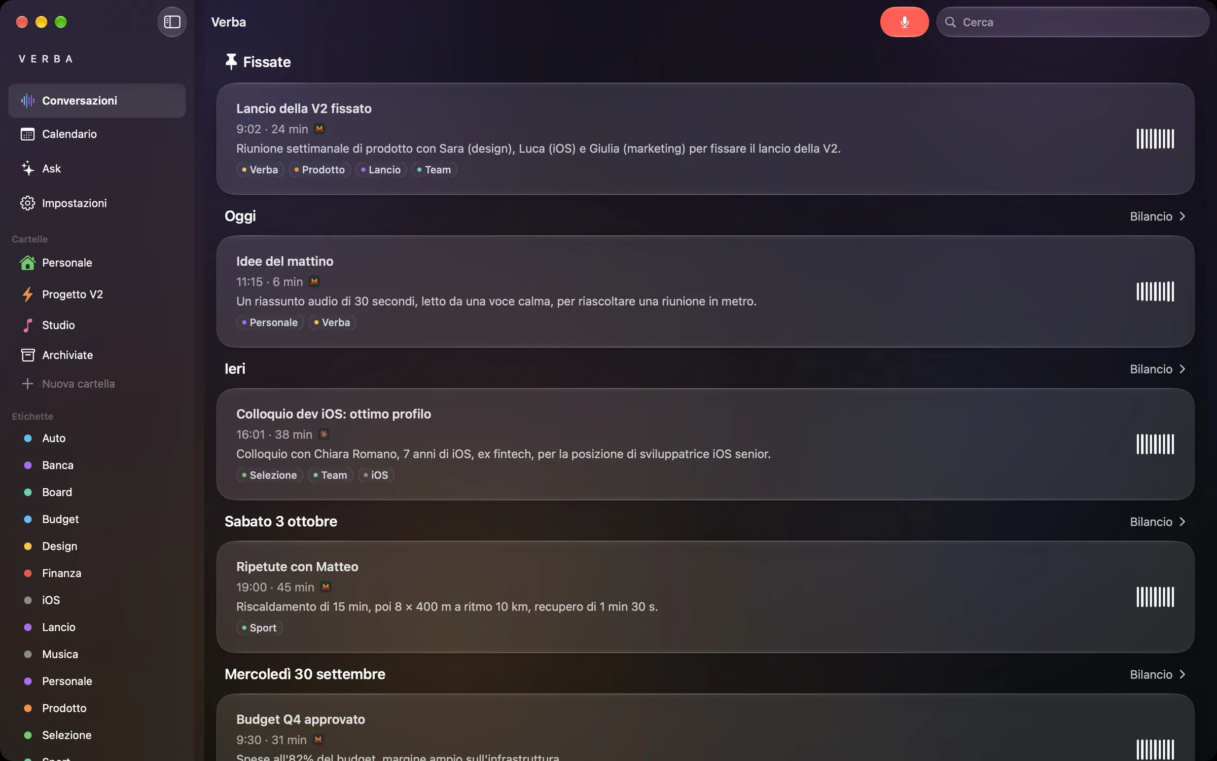 Verba su Mac: barra laterale con cartelle ed etichette, conversazioni fissate e di oggi.