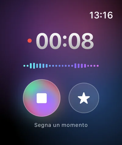 Registrazione in corso su Apple Watch, cronometro a 00:08.