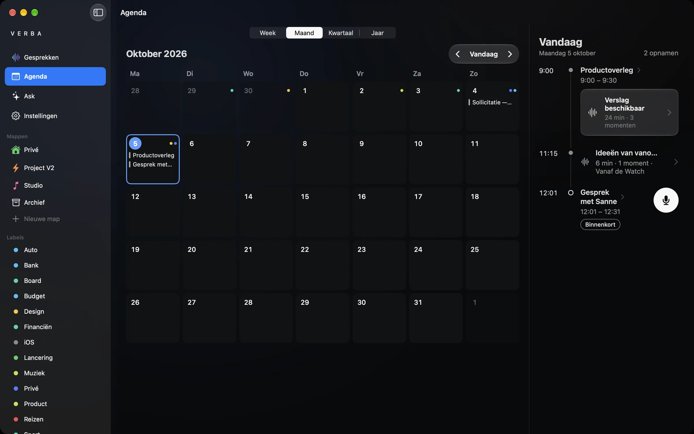 De agenda van Verba op Mac, maandweergave, met de vergaderingen van vandaag.