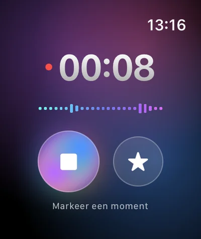 Lopende opname op Apple Watch, timer op 00:08.