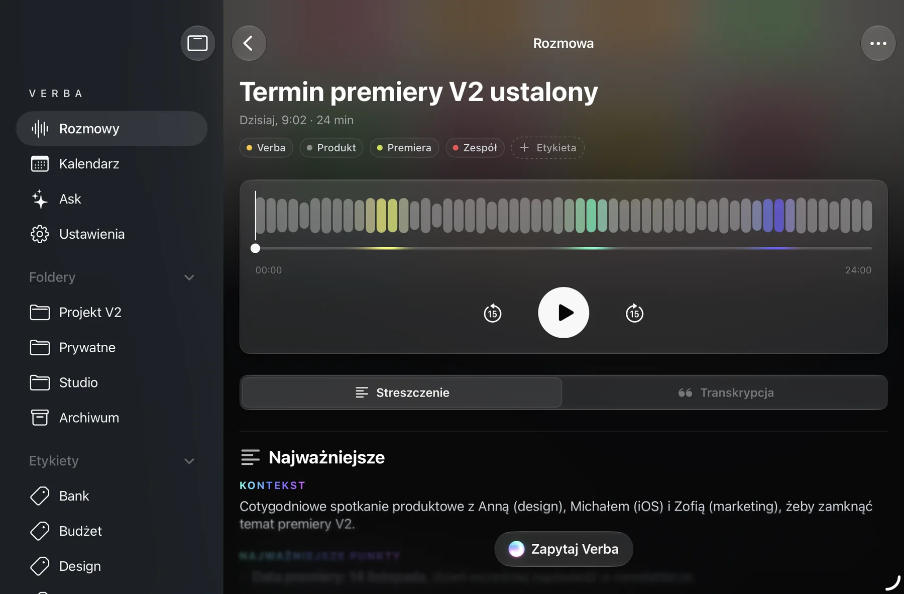Verba na iPadzie: pasek boczny po lewej, otwarta rozmowa po prawej.