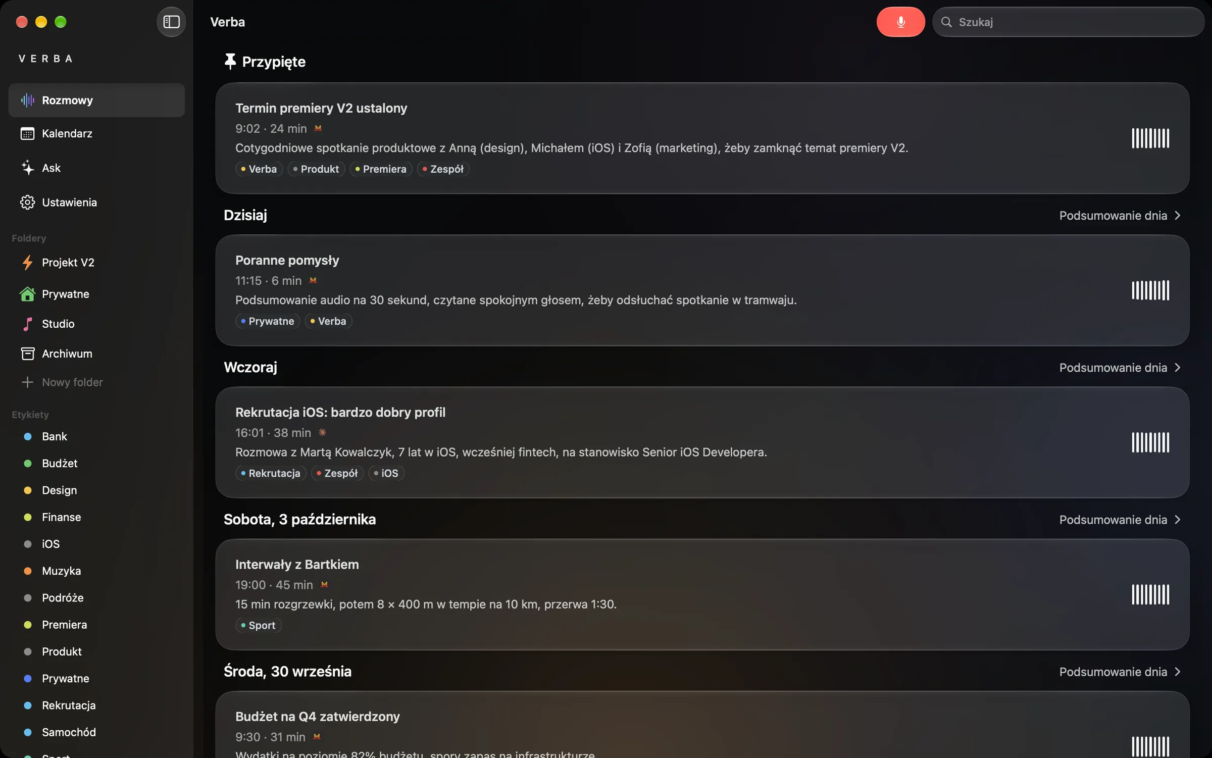 Verba na Macu: pasek boczny z folderami i etykietami, przypięte i dzisiejsze rozmowy.