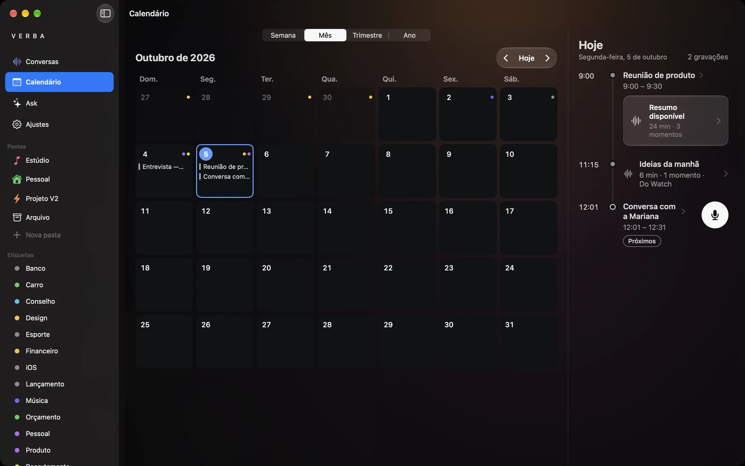 O calendário do Verba no Mac, visualização mensal, com as reuniões do dia.